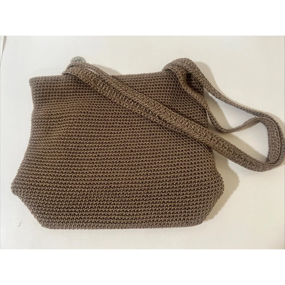 The Sak Crochet Taupe Shoulder Bag Solid  Lined Zip Silver Charm Boho Whimsical